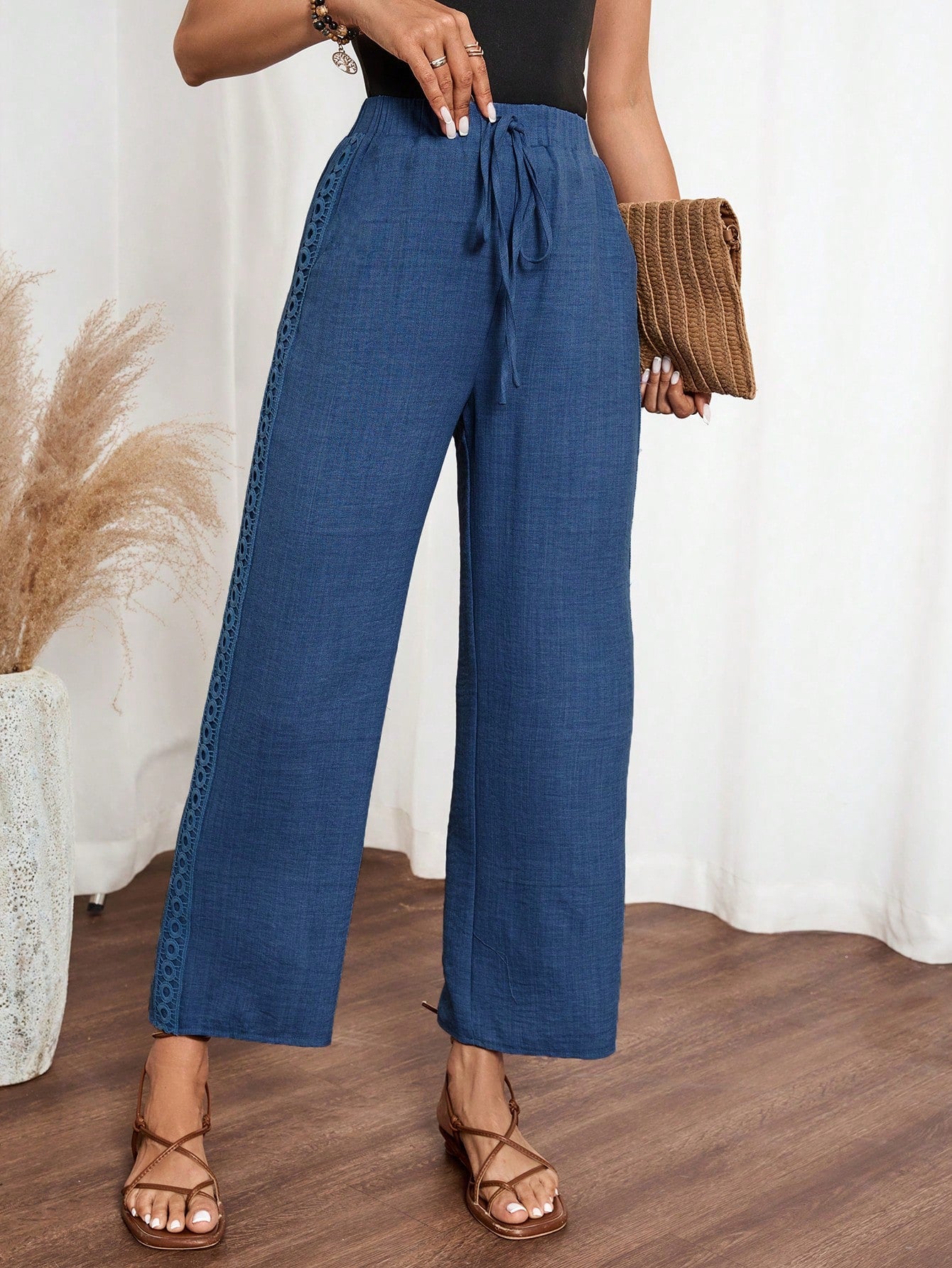 Louniche Women's Casual Solid Color Denim Effect Linen Contrast Lace Trim Straight Pants Fall Cloth For Women