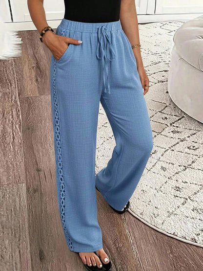 Louniche Women's Casual Solid Color Denim Effect Linen Contrast Lace Trim Straight Pants Fall Cloth For Women