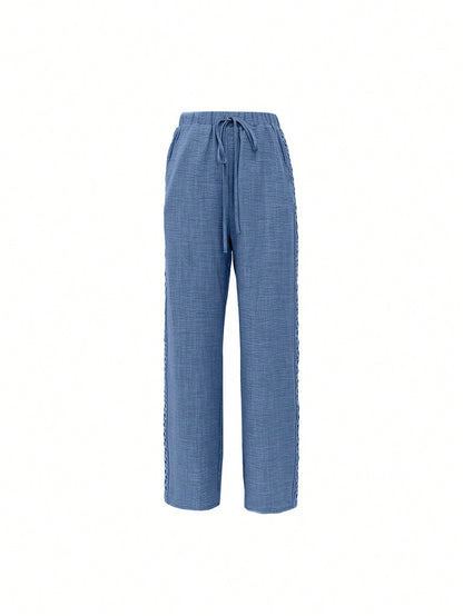 Louniche Women's Casual Solid Color Denim Effect Linen Contrast Lace Trim Straight Pants Fall Cloth For Women