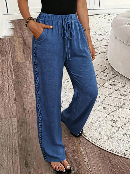 Louniche Women's Casual Solid Color Denim Effect Linen Contrast Lace Trim Straight Pants Fall Cloth For Women