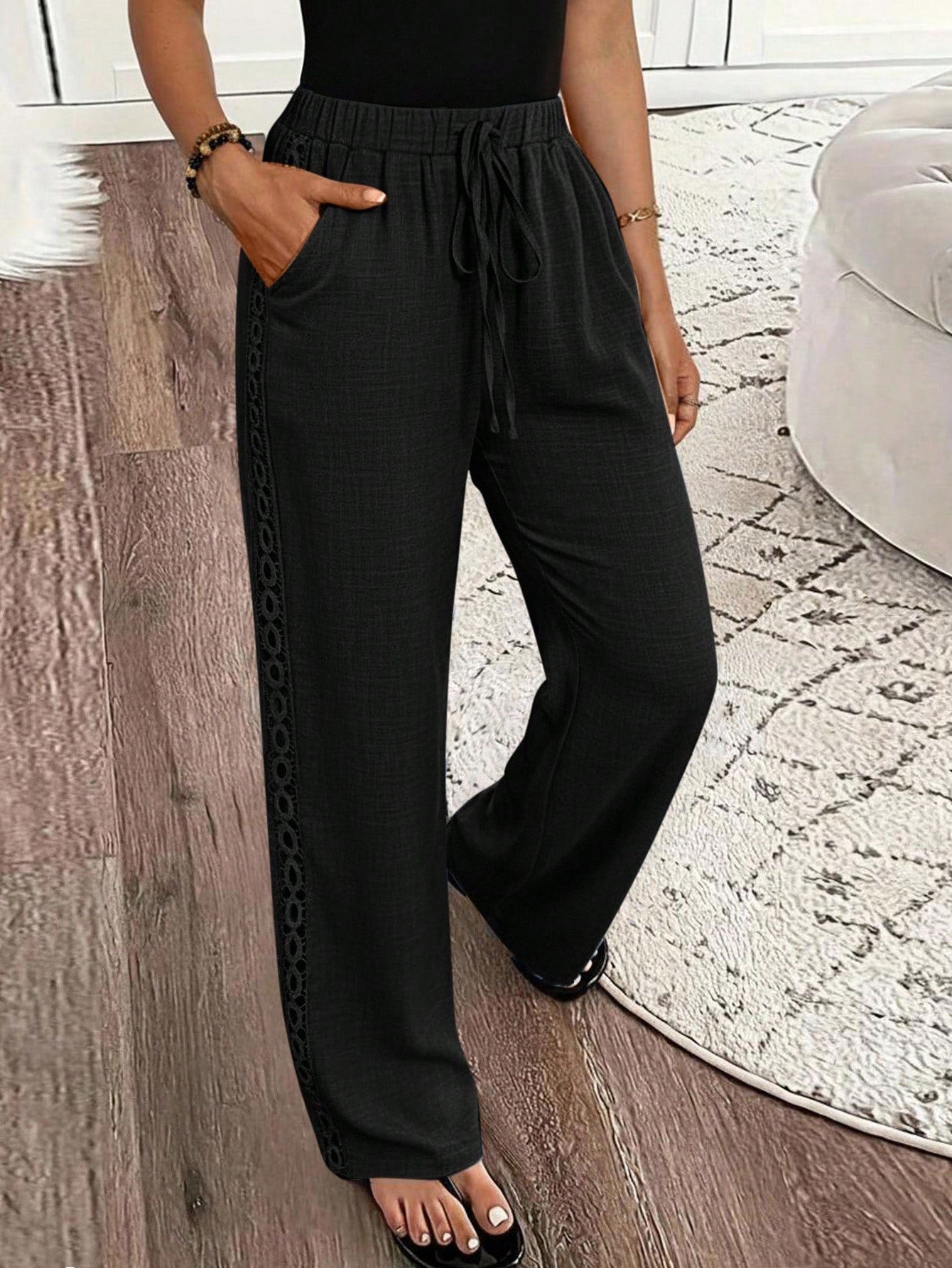 Louniche Women's Linen Blend Denim Effect Side Ruffle Hem Trousers Fall Cloth For Women