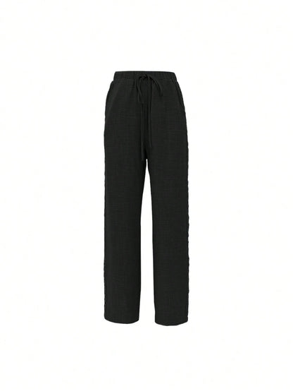 Louniche Women's Linen Blend Denim Effect Side Ruffle Hem Trousers Fall Cloth For Women