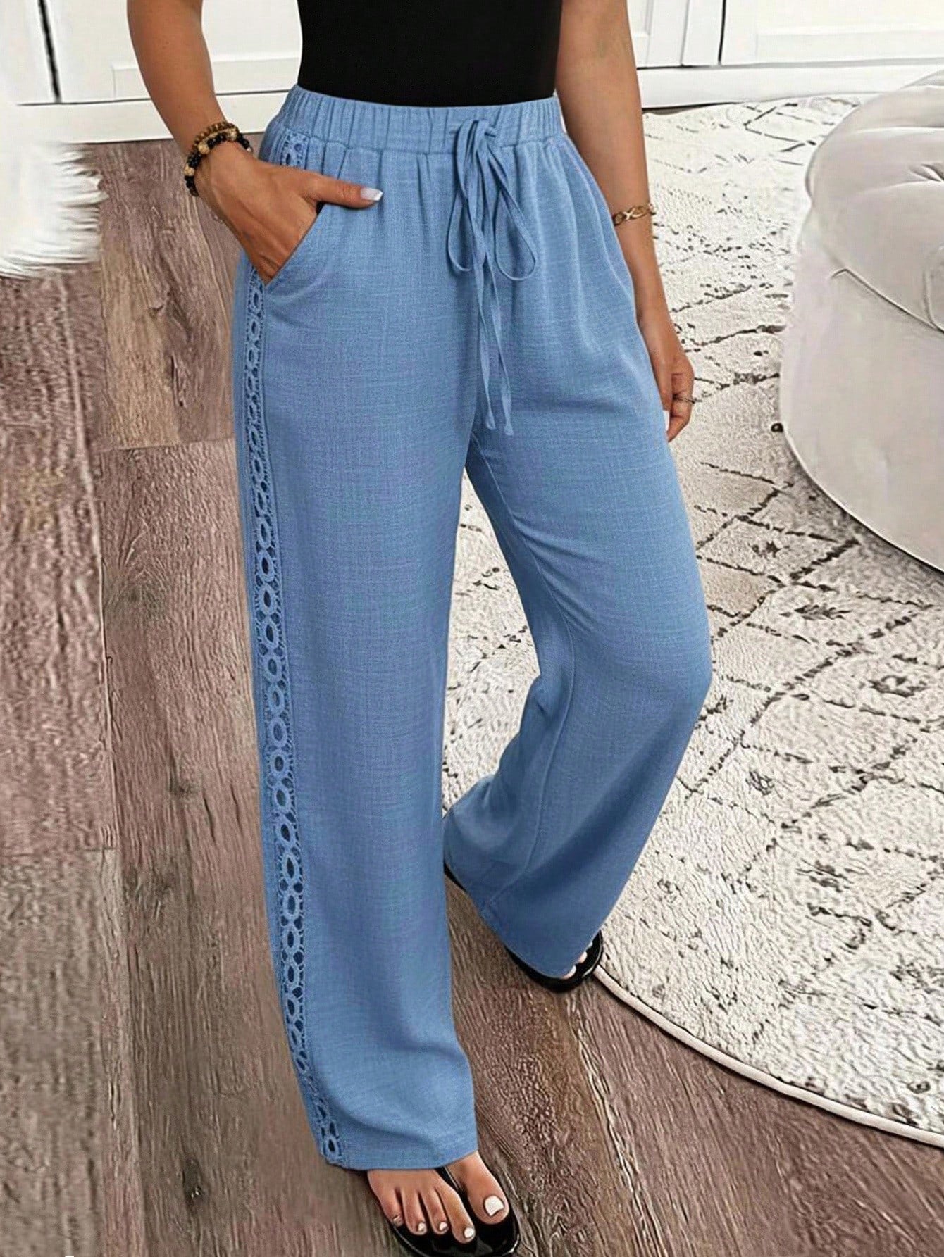 Louniche Women's Linen Blend Denim Effect Side Ruffle Hem Trousers Fall Cloth For Women