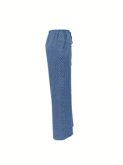 Louniche Women's Linen Blend Denim Effect Side Ruffle Hem Trousers Fall Cloth For Women