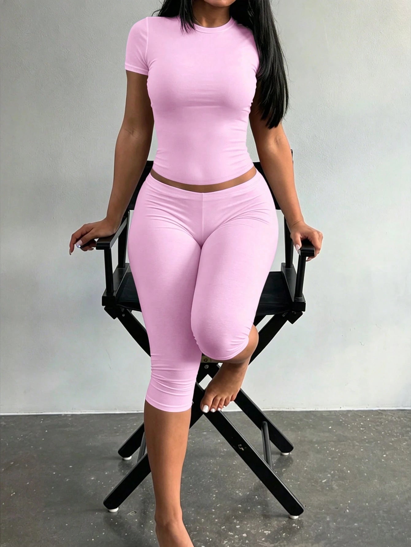 LovelyWholesale Women's Casual Round Neck Short Sleeve Solid Color T-Shirt + 7/8 Pants 2-Piece Set, Summer Pink Outfit (Light & Thin Fabric Slightly Sheer) Elegant