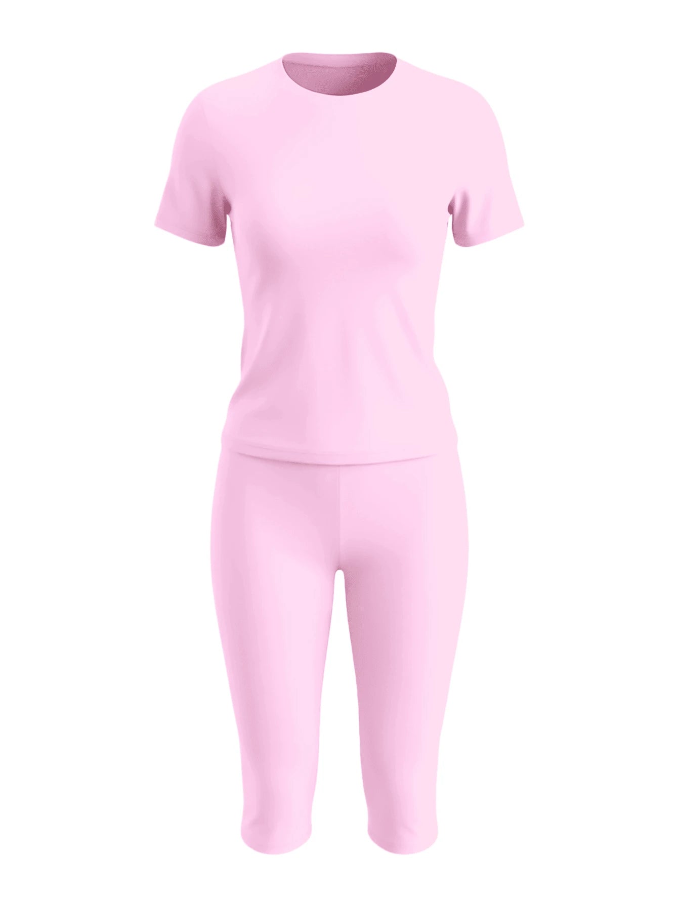 LovelyWholesale Women's Casual Round Neck Short Sleeve Solid Color T-Shirt + 7/8 Pants 2-Piece Set, Summer Pink Outfit (Light & Thin Fabric Slightly Sheer) Elegant