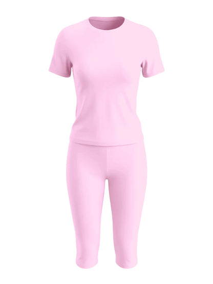 LovelyWholesale Women's Casual Round Neck Short Sleeve Solid Color T-Shirt + 7/8 Pants 2-Piece Set, Summer Pink Outfit (Light & Thin Fabric Slightly Sheer) Elegant