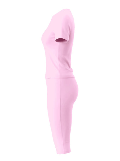 LovelyWholesale Women's Casual Round Neck Short Sleeve Solid Color T-Shirt + 7/8 Pants 2-Piece Set, Summer Pink Outfit (Light & Thin Fabric Slightly Sheer) Elegant