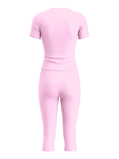 LovelyWholesale Women's Casual Round Neck Short Sleeve Solid Color T-Shirt + 7/8 Pants 2-Piece Set, Summer Pink Outfit (Light & Thin Fabric Slightly Sheer) Elegant