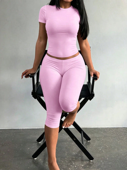 LovelyWholesale Women's Casual Round Neck Short Sleeve Solid Color T-Shirt + 7/8 Pants 2-Piece Set, Summer Pink Outfit (Light & Thin Fabric Slightly Sheer) Elegant