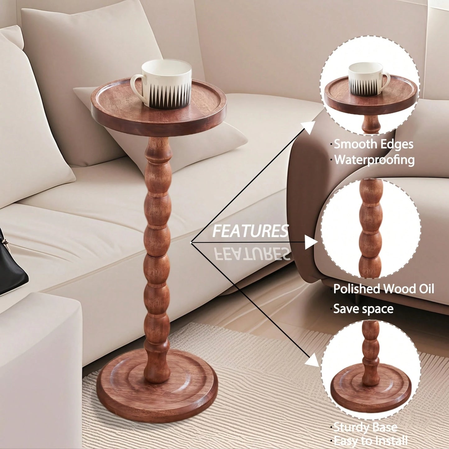 LOVEWE Round Solid Wood Coffee Table With Wood Legs, Modern Decorative Side Table For Small Spaces, Perfect For Plants & Home Decor
