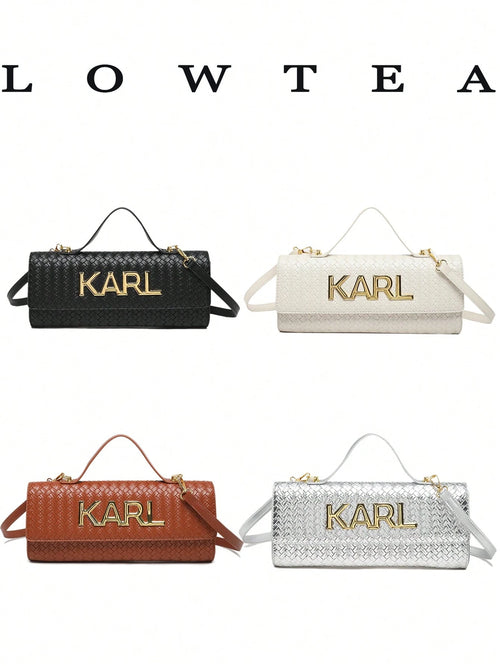 Low Tea 1pc Contrast Color PU Fabric Handbag, Women's Fashion Square Bag, Baguette Bag With All-Over Texture And Letter Hardware Decoration, Top Single Handle Design, Flap Closure, Shoulder Strap For