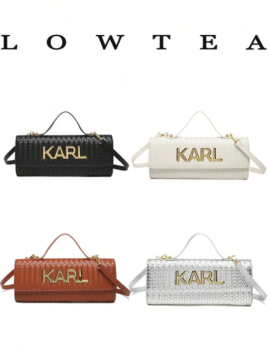 Low Tea 1pc Contrast Color PU Fabric Handbag, Women's Fashion Square Bag, Baguette Bag With All-Over Texture And Letter Hardware Decoration, Top Single Handle Design, Flap Closure, Shoulder Strap For