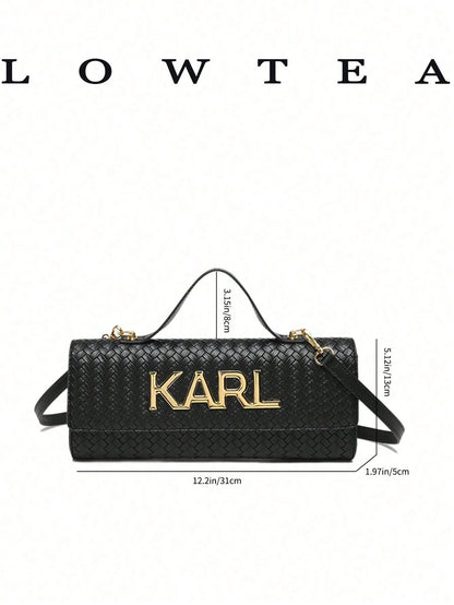 Low Tea 1pc Contrast Color PU Fabric Handbag, Women's Fashion Square Bag, Baguette Bag With All-Over Texture And Letter Hardware Decoration, Top Single Handle Design, Flap Closure, Shoulder Strap For