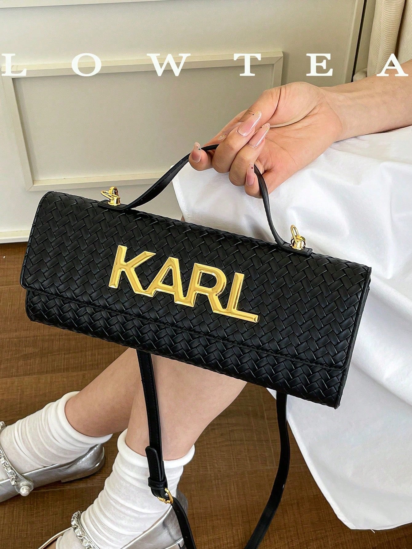 Low Tea 1pc Contrast Color PU Fabric Handbag, Women's Fashion Square Bag, Baguette Bag With All-Over Texture And Letter Hardware Decoration, Top Single Handle Design, Flap Closure, Shoulder Strap For