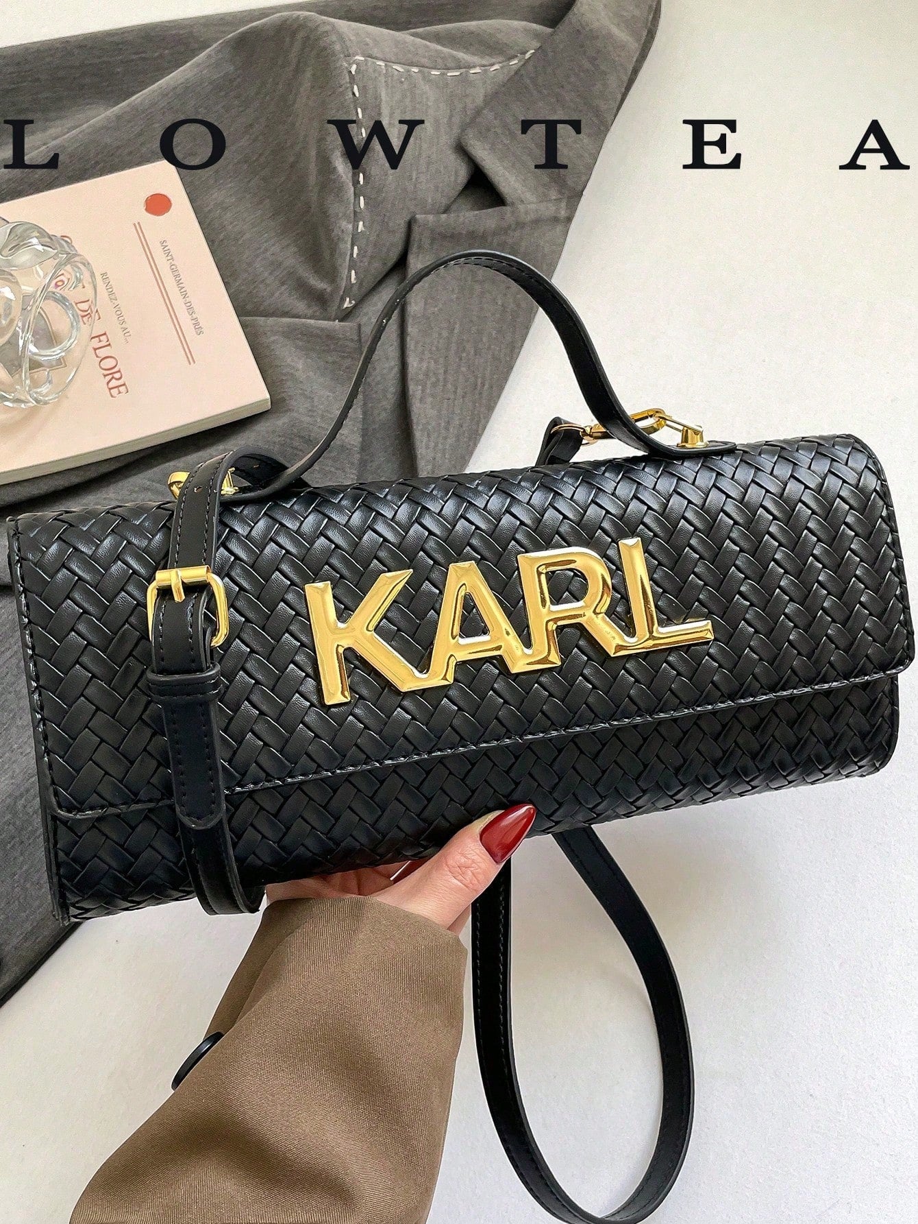 Low Tea 1pc Contrast Color PU Fabric Handbag, Women's Fashion Square Bag, Baguette Bag With All-Over Texture And Letter Hardware Decoration, Top Single Handle Design, Flap Closure, Shoulder Strap For