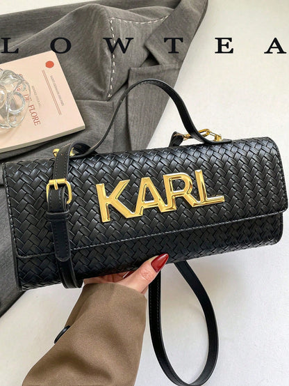 Low Tea 1pc Contrast Color PU Fabric Handbag, Women's Fashion Square Bag, Baguette Bag With All-Over Texture And Letter Hardware Decoration, Top Single Handle Design, Flap Closure, Shoulder Strap For