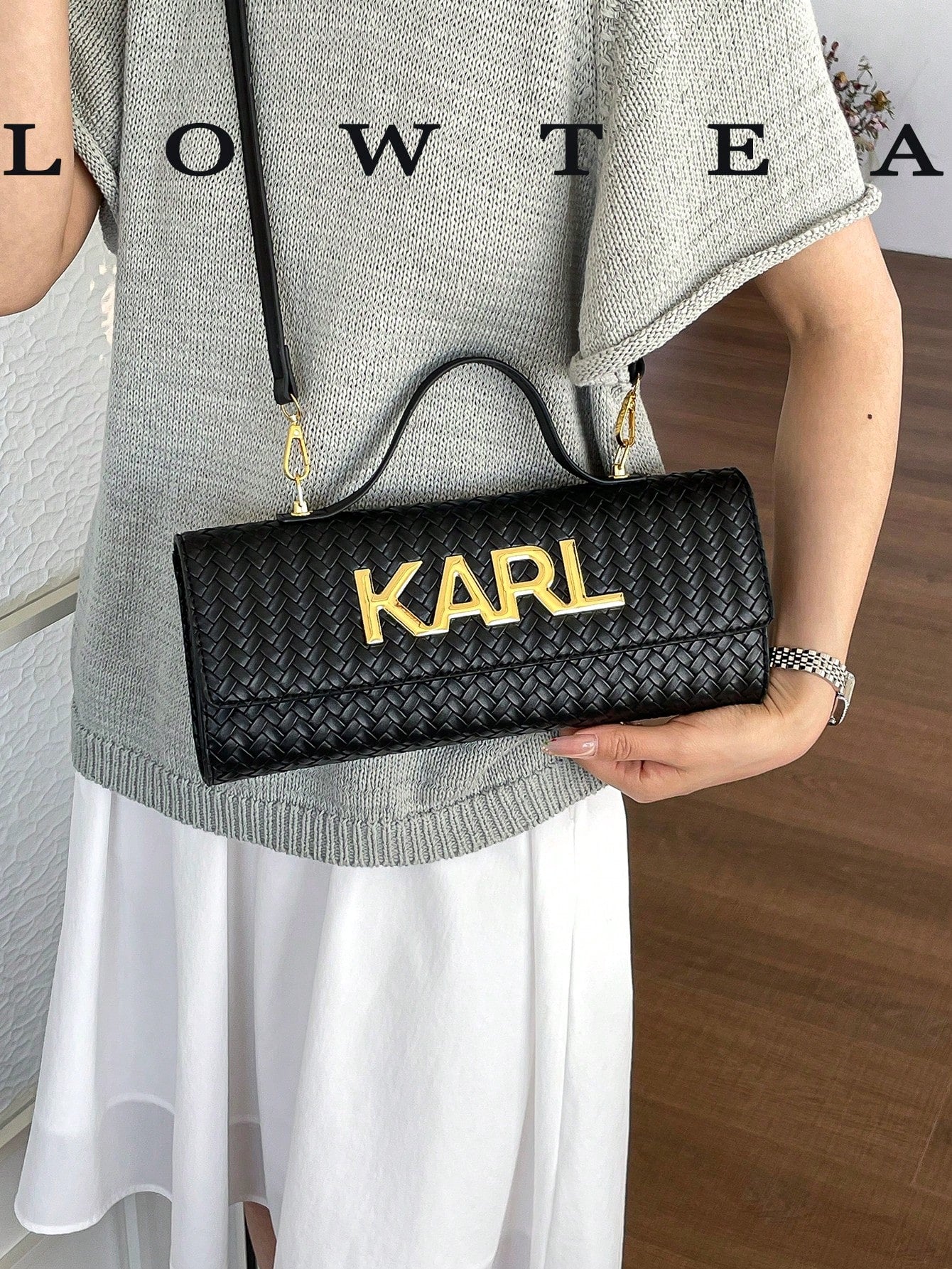 Low Tea 1pc Contrast Color PU Fabric Handbag, Women's Fashion Square Bag, Baguette Bag With All-Over Texture And Letter Hardware Decoration, Top Single Handle Design, Flap Closure, Shoulder Strap For