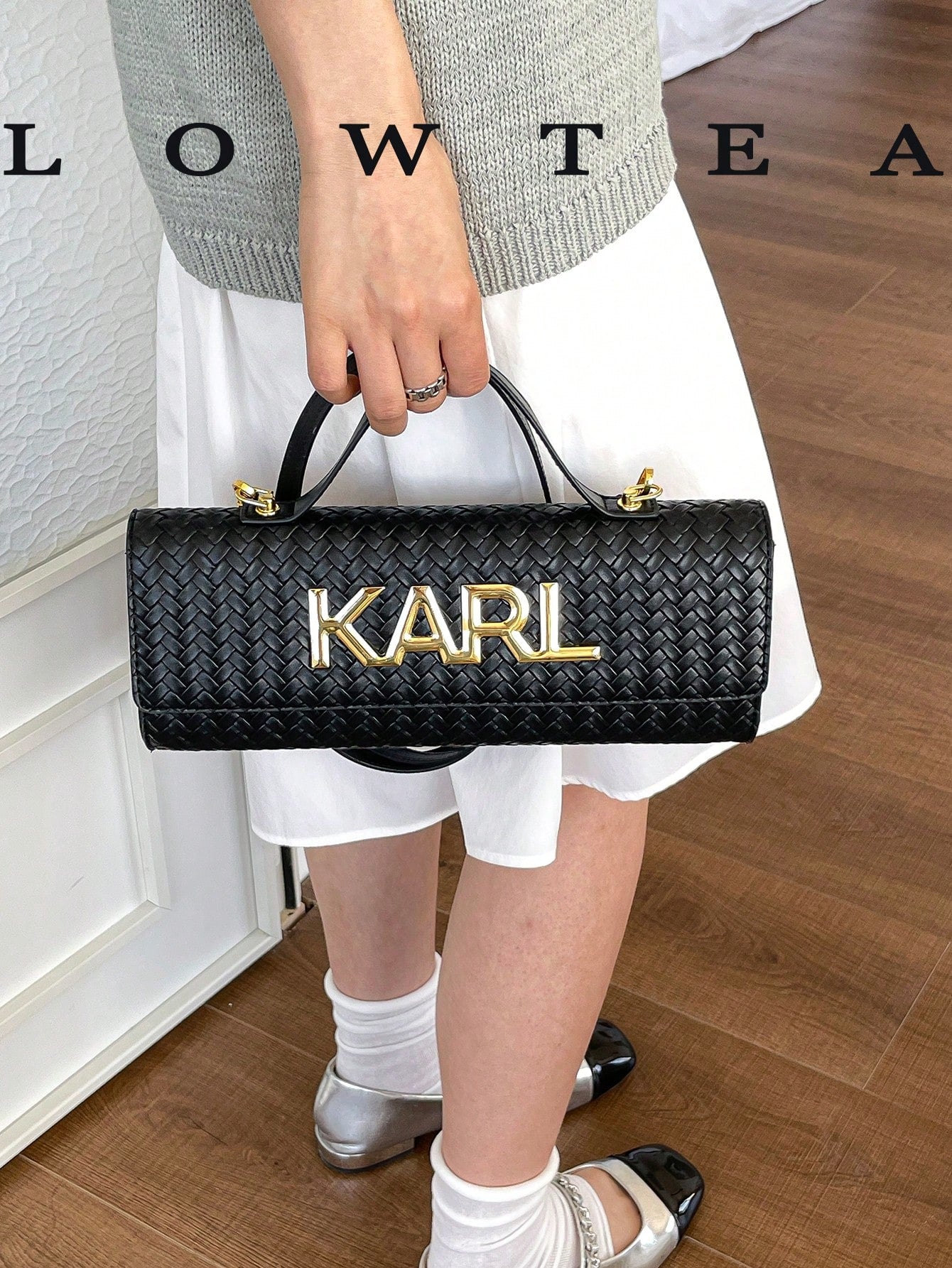 Low Tea 1pc Contrast Color PU Fabric Handbag, Women's Fashion Square Bag, Baguette Bag With All-Over Texture And Letter Hardware Decoration, Top Single Handle Design, Flap Closure, Shoulder Strap For