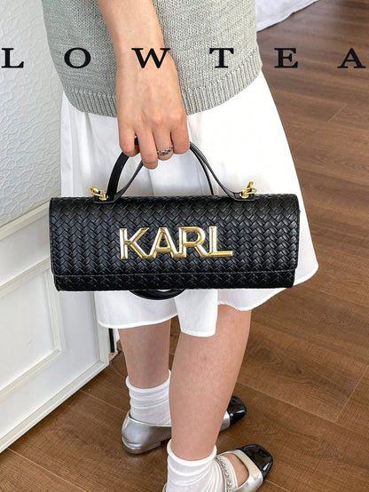 Low Tea 1pc Contrast Color PU Fabric Handbag, Women's Fashion Square Bag, Baguette Bag With All-Over Texture And Letter Hardware Decoration, Top Single Handle Design, Flap Closure, Shoulder Strap For