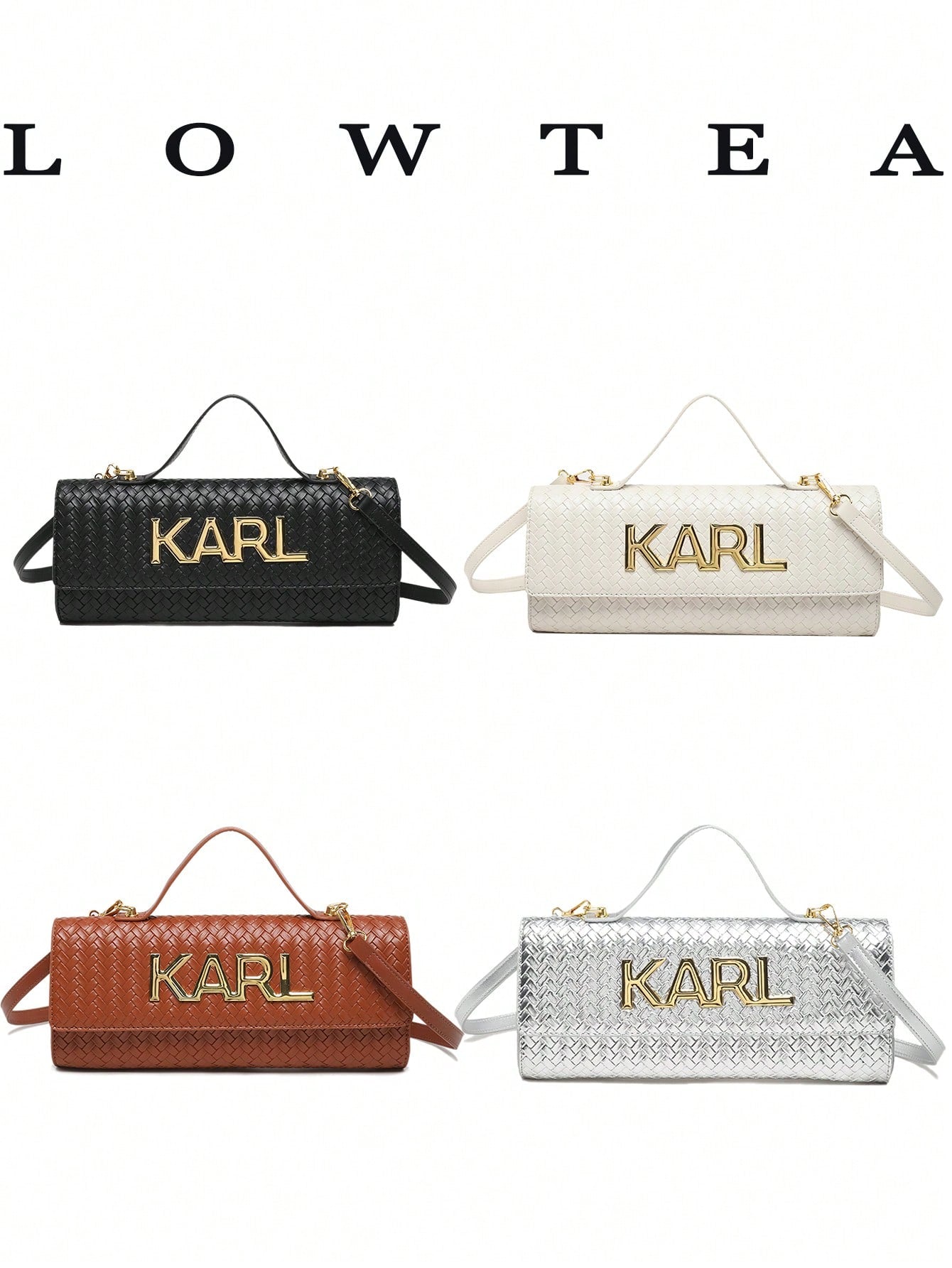 Low Tea 1pc Contrast Color PU Fabric Handbag, Women's Fashion Square Bag, Baguette Bag With All-Over Texture And Letter Hardware Decoration, Top Single Handle Design, Flap Closure, Shoulder Strap For