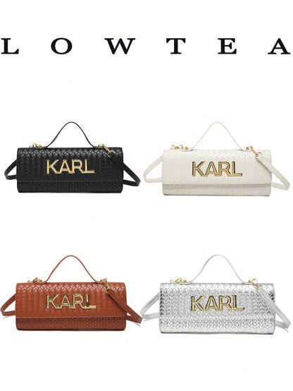 Low Tea 1pc Contrast Color PU Fabric Handbag, Women's Fashion Square Bag, Baguette Bag With All-Over Texture And Letter Hardware Decoration, Top Single Handle Design, Flap Closure, Shoulder Strap For