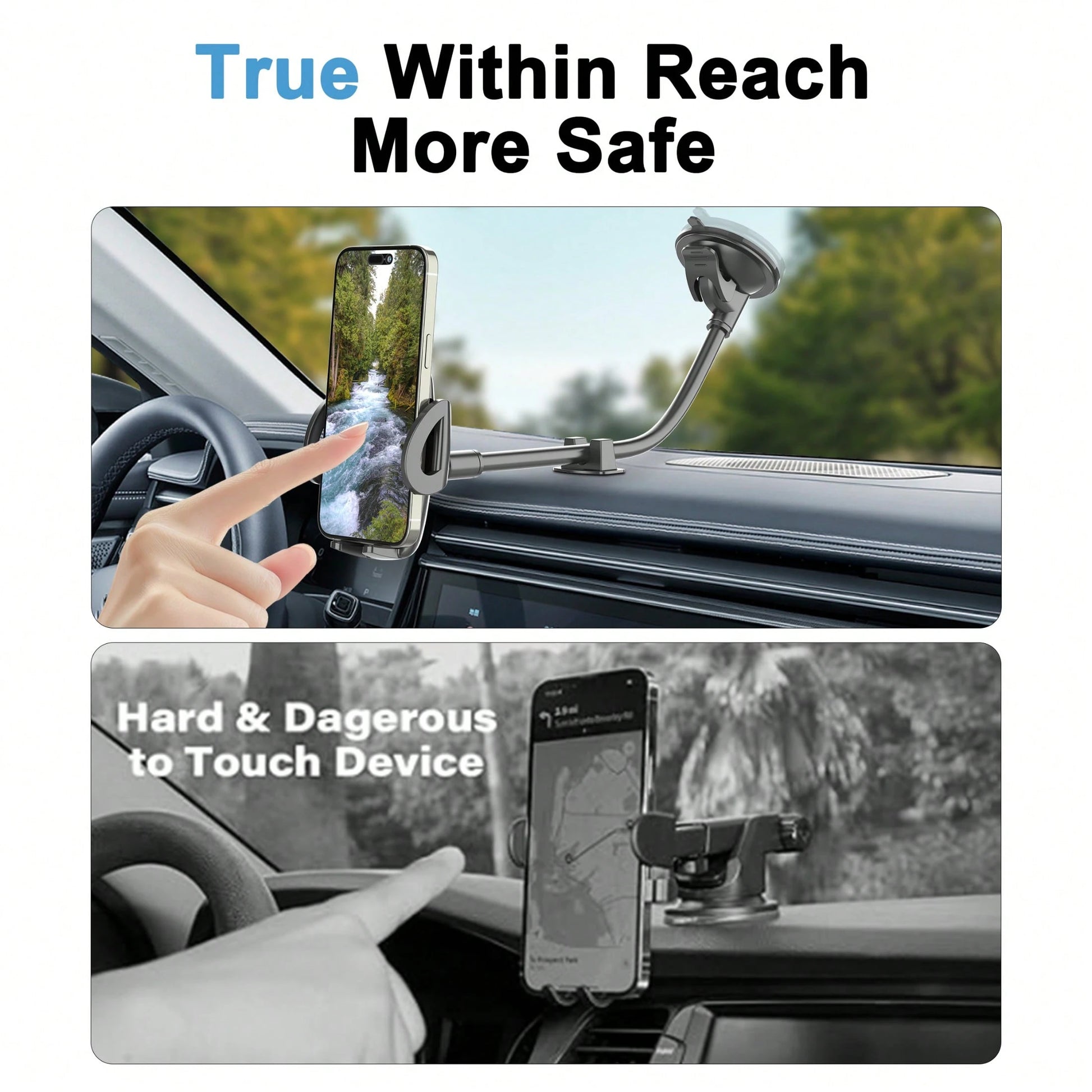 LRBH Solid Car & Truck Phone Holder, 11.8 Inch Gooseneck Long Arm, Industrial Grade Strong Suction Cup Phone Mount, Anti-Shake Stabilizer, Suitable For All Phones