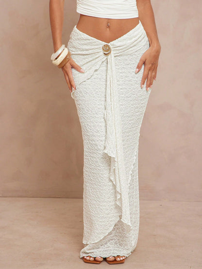 Lumalex Women's Off-White Summer Euro Vacation Holiday Low Waist Extra Long Tiered Wavy Hem Metal Decor Skirt,Modest Old Money Glitter Bohemian Beach Party