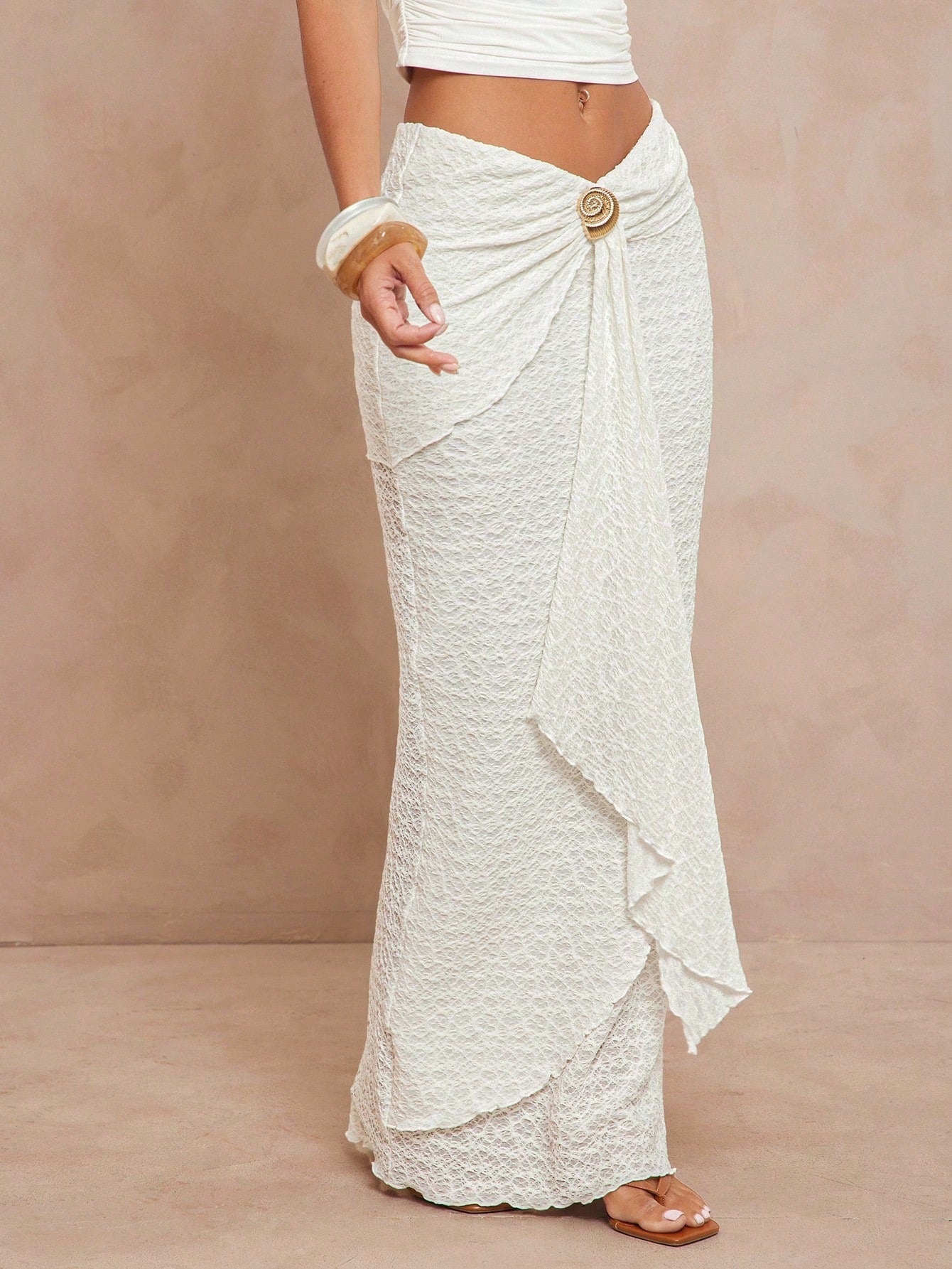 Lumalex Women's Off-White Summer Euro Vacation Holiday Low Waist Extra Long Tiered Wavy Hem Metal Decor Skirt,Modest Old Money Glitter Bohemian Beach Party