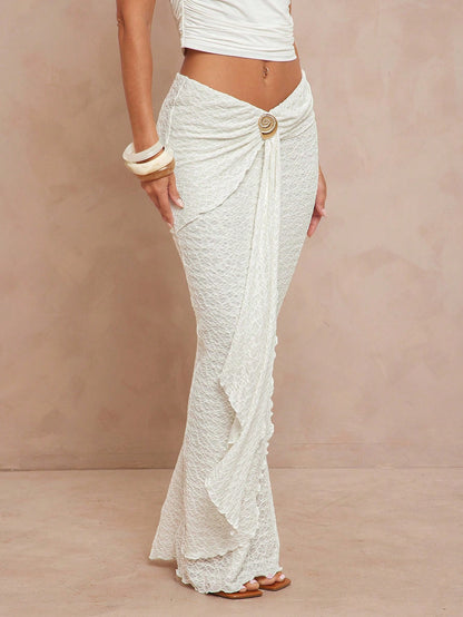 Lumalex Women's Off-White Summer Euro Vacation Holiday Low Waist Extra Long Tiered Wavy Hem Metal Decor Skirt,Modest Old Money Glitter Bohemian Beach Party