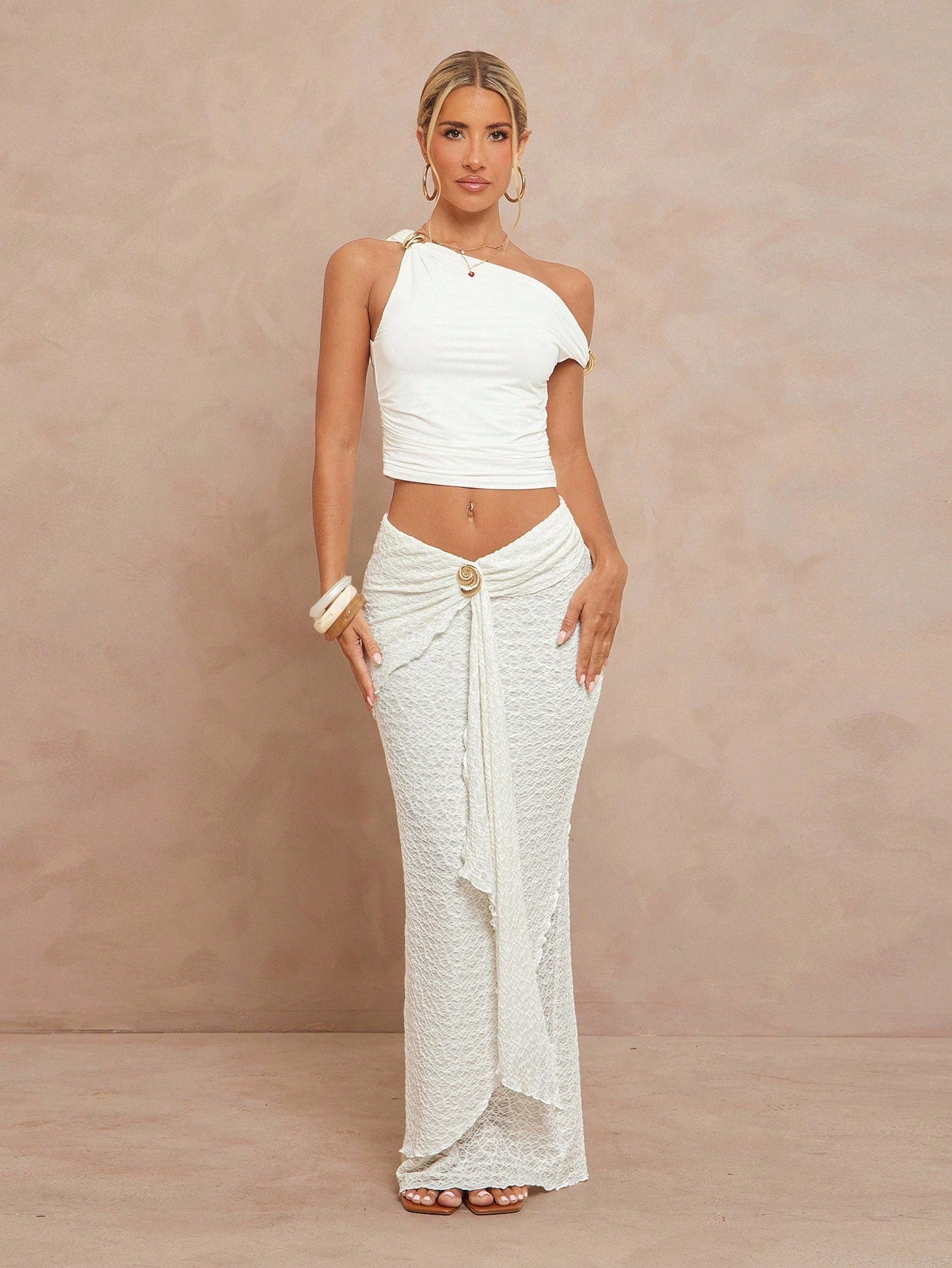 Lumalex Women's Off-White Summer Euro Vacation Holiday Low Waist Extra Long Tiered Wavy Hem Metal Decor Skirt,Modest Old Money Glitter Bohemian Beach Party