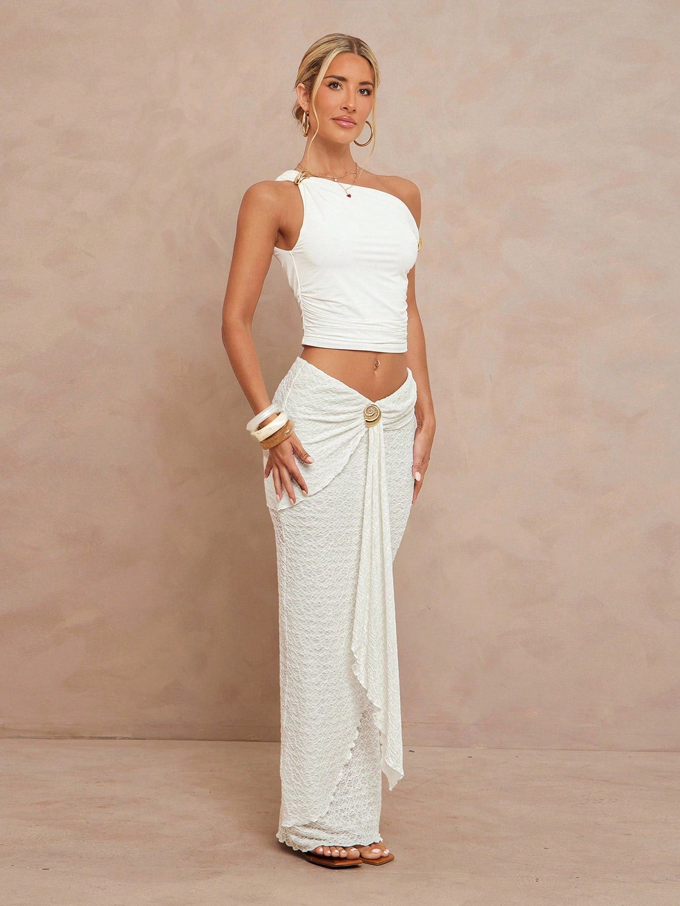 Lumalex Women's Off-White Summer Euro Vacation Holiday Low Waist Extra Long Tiered Wavy Hem Metal Decor Skirt,Modest Old Money Glitter Bohemian Beach Party