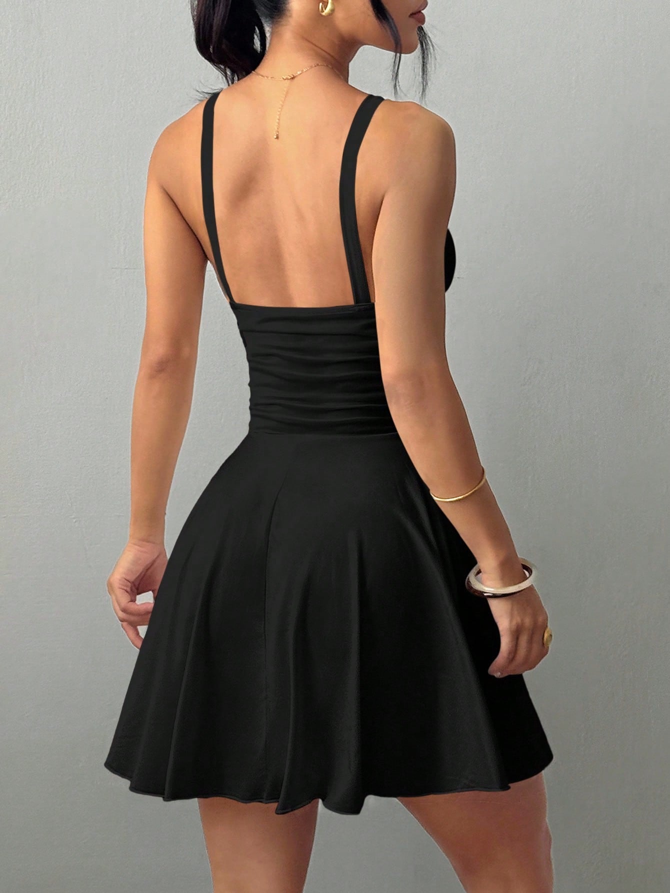 Lumivelle Halloween Women's V-Neck Knitted Ruched Waisted A-Line Sexy & Elegant Spaghetti Strap Mini Dress Black Mini Dress