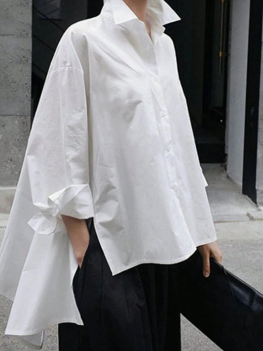 Lumivelle Solid Drop Shoulder High Low Hem Blouse Women Shirt,Long Sleeve Tops Fall Cloth For Women