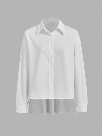Lumivelle Solid Drop Shoulder High Low Hem Blouse Women Shirt,Long Sleeve Tops Fall Cloth For Women