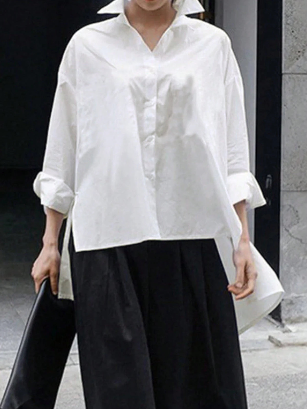 Lumivelle Solid Drop Shoulder High Low Hem Blouse Women Shirt,Long Sleeve Tops Fall Cloth For Women