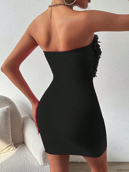 LUNE 1pc Women Solid Color Bandeau Bodycon Dress, Simple Minimalist Style For Casual Daily Wear