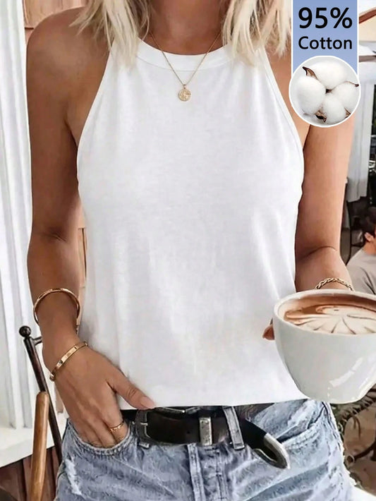 LUNE 95Cotton Women Casual Basic Outdoor Comfortable Halter Neck Camisole, Suitable For Summer Spring Cute White Top Sleeveless Cami Holiday