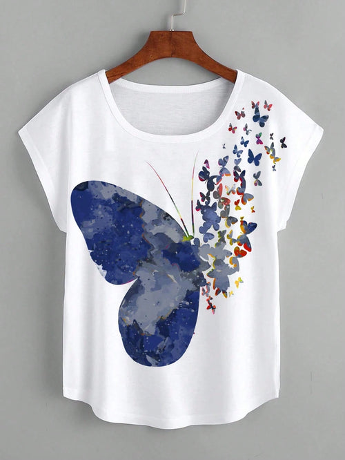 LUNE Butterfly Print Batwing Sleeve Tee Graphic Tees Women Tops