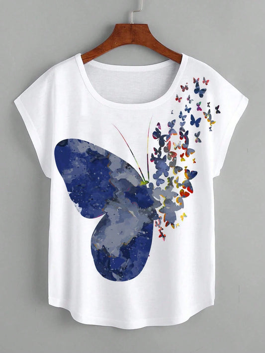LUNE Butterfly Print Batwing Sleeve Tee Graphic Tees Women Tops
