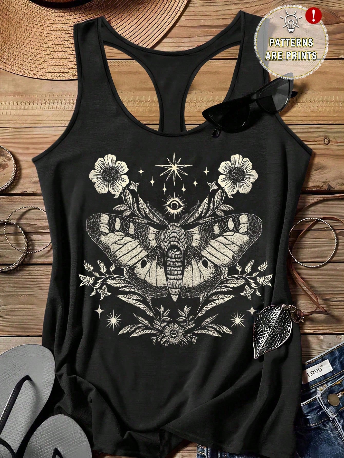 LUNE Butterfly Print Casual Camisole Tank Top For Plus Size, Summer
