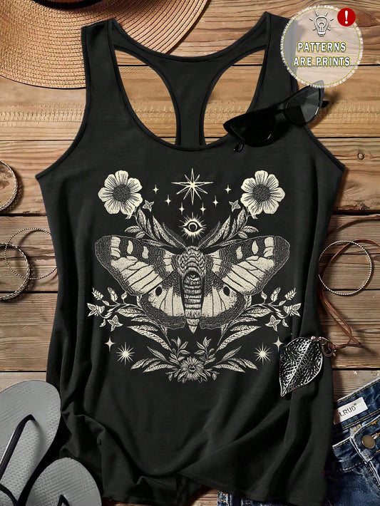 LUNE Butterfly Print Casual Camisole Tank Top For Plus Size, Summer