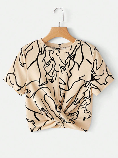 LUNE Casual Abstract Print Twist Short Sleeve T-Shirt,Casual