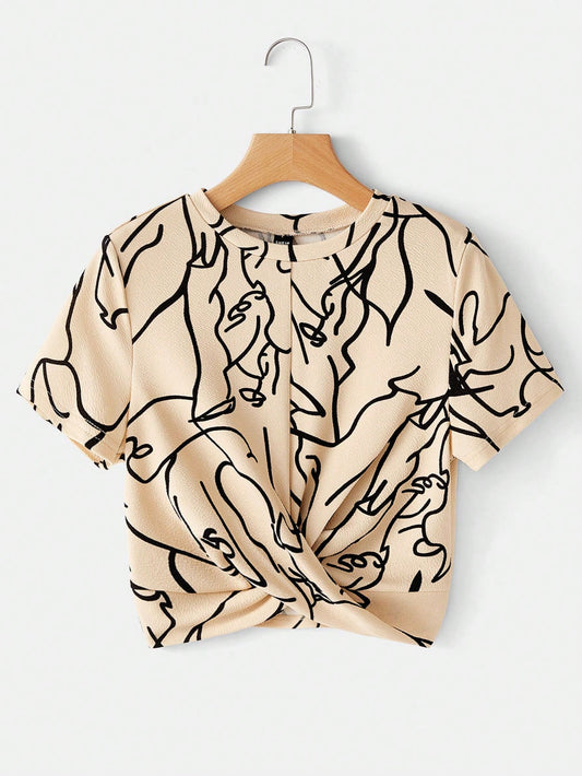 LUNE Casual Abstract Print Twist Short Sleeve T-Shirt,Casual