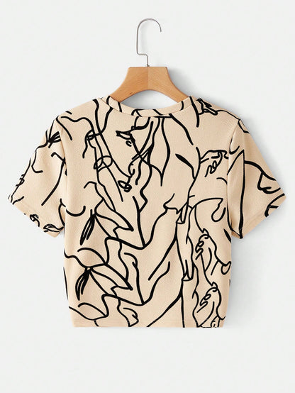 LUNE Casual Abstract Print Twist Short Sleeve T-Shirt,Casual