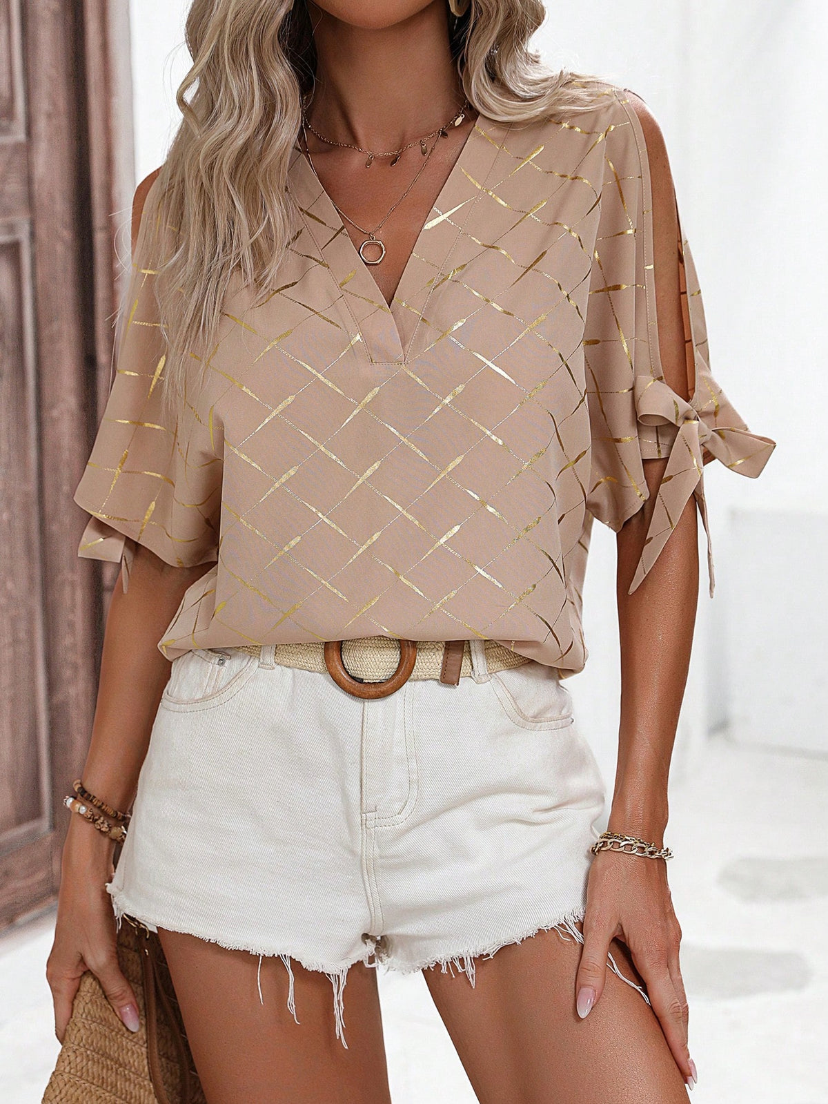 LUNE Gold Geo Print Knot Cuff Split Sleeve Blouse