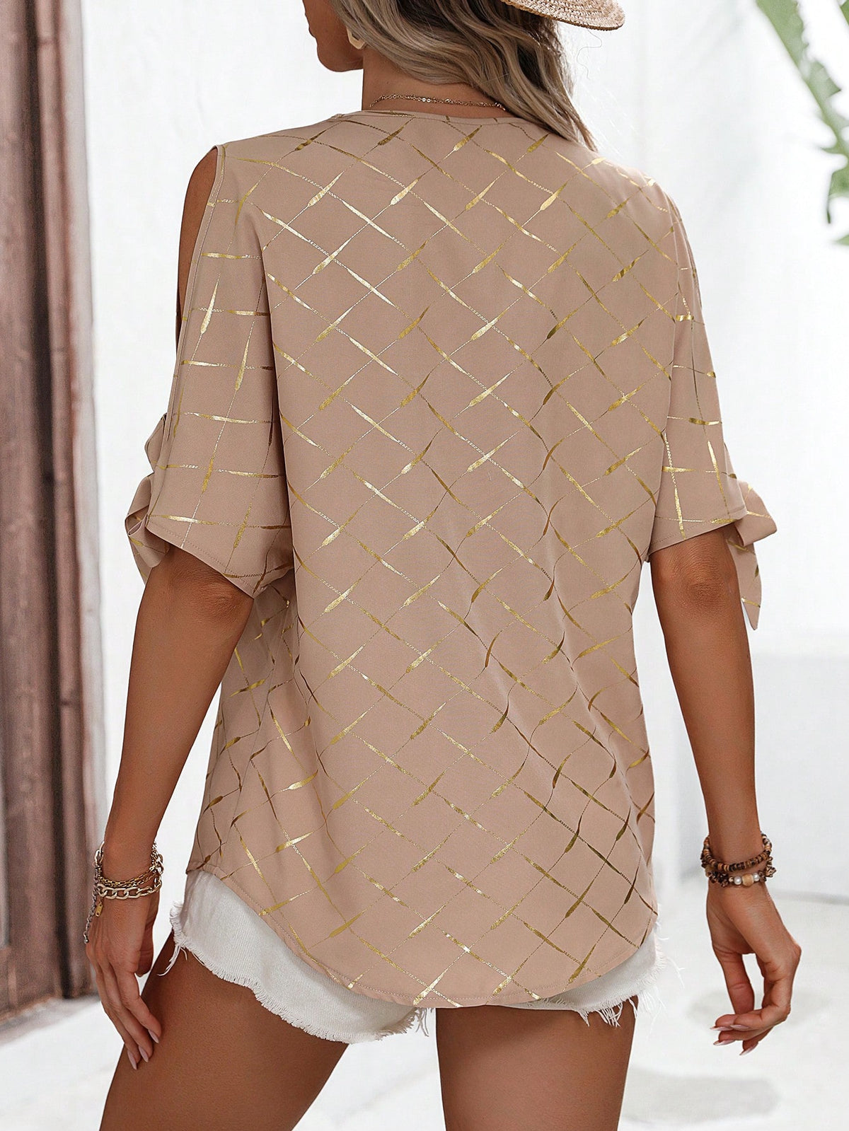 LUNE Gold Geo Print Knot Cuff Split Sleeve Blouse