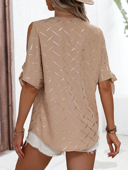 LUNE Gold Geo Print Knot Cuff Split Sleeve Blouse