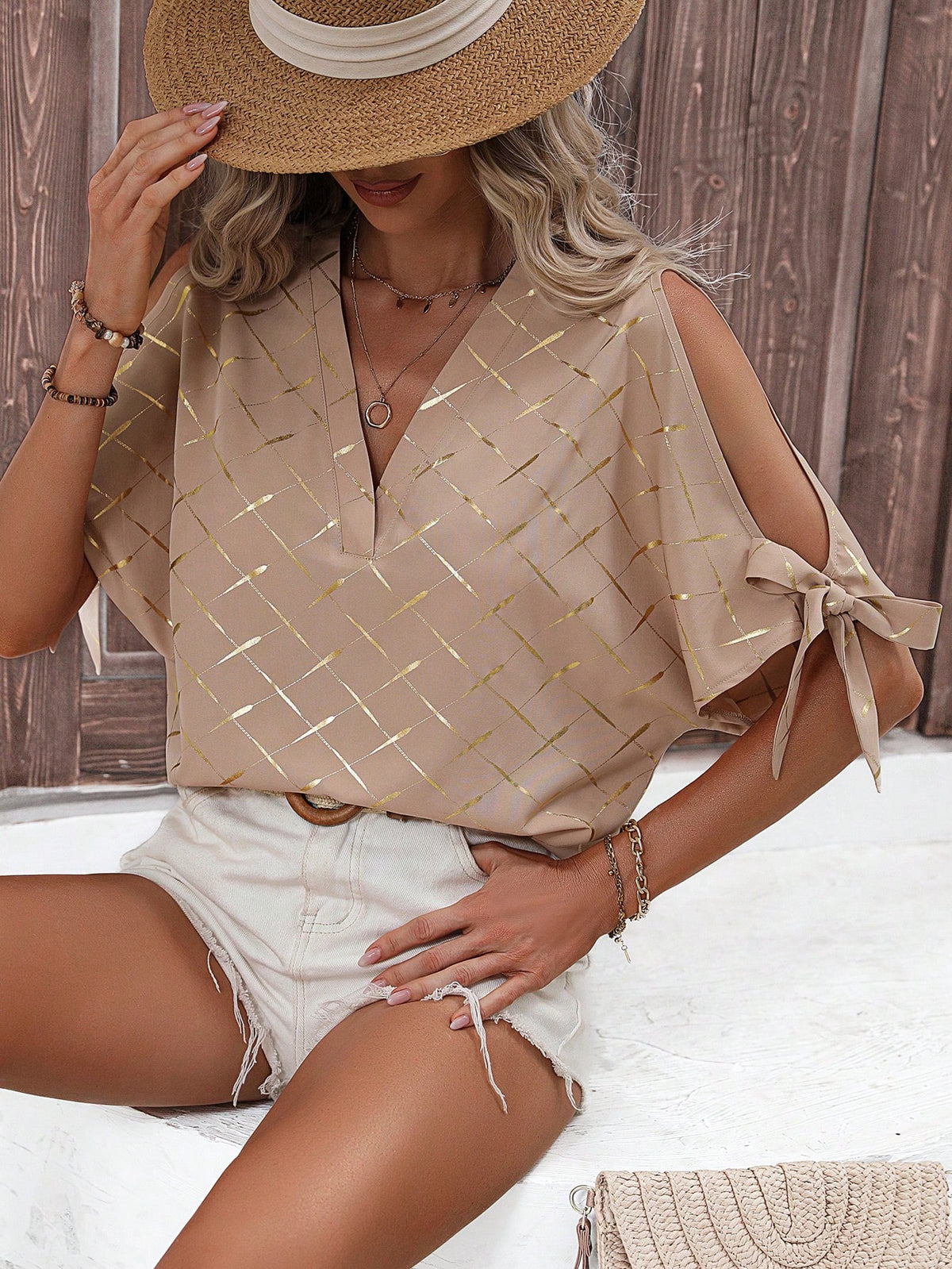 LUNE Gold Geo Print Knot Cuff Split Sleeve Blouse
