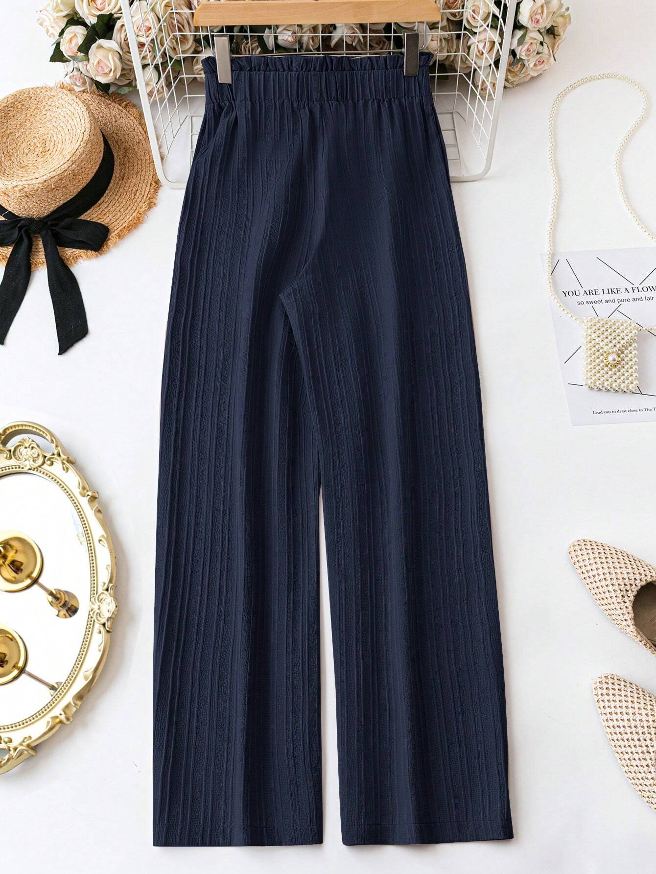 LUNE Ladies' Solid Colored Textured Paper Bag Waist Long Pants,Casual